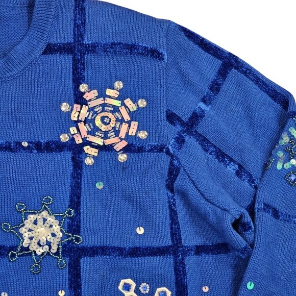 Size 3X Winter Snowflake Blue Sweater Cardigan Beaded Sequins Checkered Knit VTG - Picture 2 of 14
